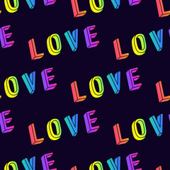 Seamless pattern with words “Love” isolated on black background. Vector wallpaper. 