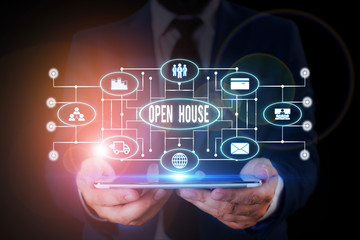 Handwriting text writing Open House. Conceptual photo you can come whatever whenever want Make yourself at home Male human wear formal work suit presenting presentation using smart device