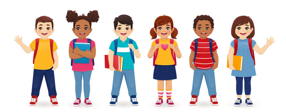 Smiling school children boys and girls with backpacks and books set isolated vector illustration. Multiethnic cute kids.