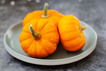 Autumn background with pumpkins on textured dark board. Halloween, Thanksgiving orange little pumpkins.
