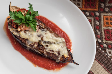 Turkish Stuffed Eggplant with Ground Meat and Tomatoes, Karniyarik