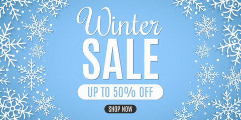 Fototapeta na wymiar Christmas sale banner. Paper snowflakes with snow dust. Stylish lettering. Seasonal xmas shopping. Vector illustration