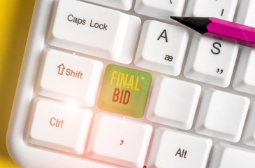 Word writing text Final Bid. Business photo showcasing The decided cost of an item which is usualy...
