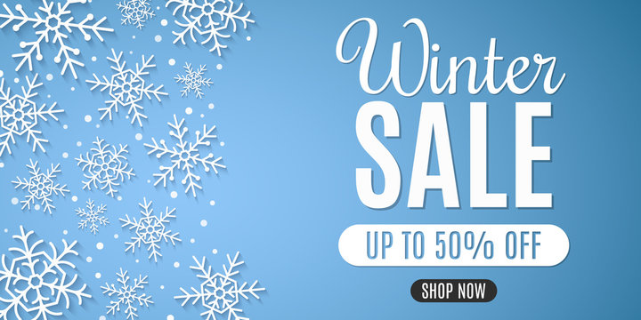 Christmas sale banner. Snowflakes with snow dust. Stylish lettering. Seasonal xmas shopping. Vector illustration