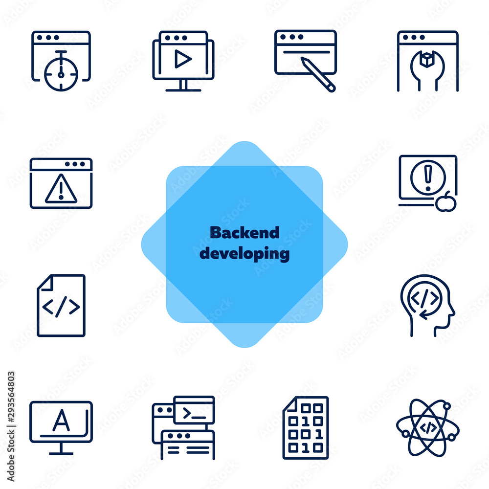 Poster backend developing line icon set. set of line icons on white background. technology concept. program