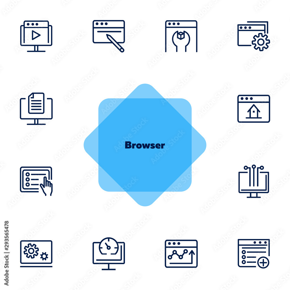 Poster browser line icon set. window, settings, homepage. internet concept. can be used for topics like web