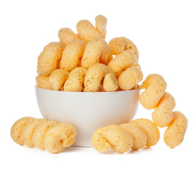 Close up cheese puff balls isolated on white