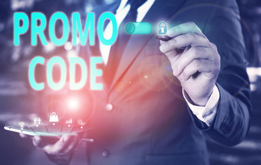 Text sign showing Promo Code. Business photo showcasing digital numbers that give you good discount on certain product Male human wear formal work suit presenting presentation using smart device