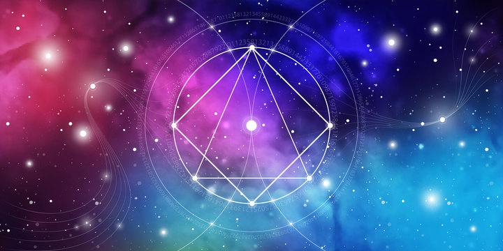 Sacred geometry website banner with golden ratio numbers, eternity symbol, interlocking circles and squares, flows of energy and particles in front of outer space background. The formula of nature.
