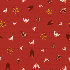 Scattered autumn leaves seamless vector background. Abstract fall pattern red orange pink. Repeating texture stylized fall leaf. Seasonal fall. Design for fabric, Thanksgiving, digital paper
