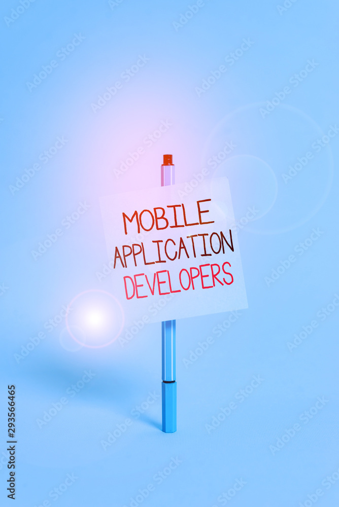 Poster text sign showing mobile application developers. business photo showcasing create software for devic