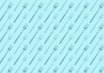 Many black plastic forks on blue background, top view