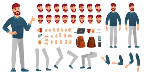 Fotobehang Cartoon male character kit. Man in casual clothing, different hands, legs poses and facial emotion. Characters constructor vector set © Tartila