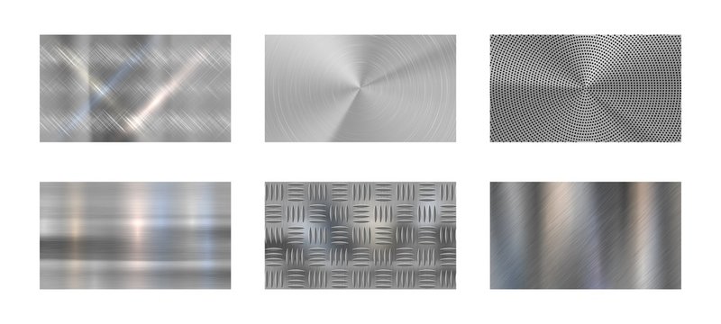 Brushed metal. Steel metallic texture, polished chrome and silver metals shine realistic vector background set