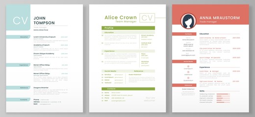 Personal resume template. Artistic profile, professional CV forms and minimalist resumes mockup vector illustration set