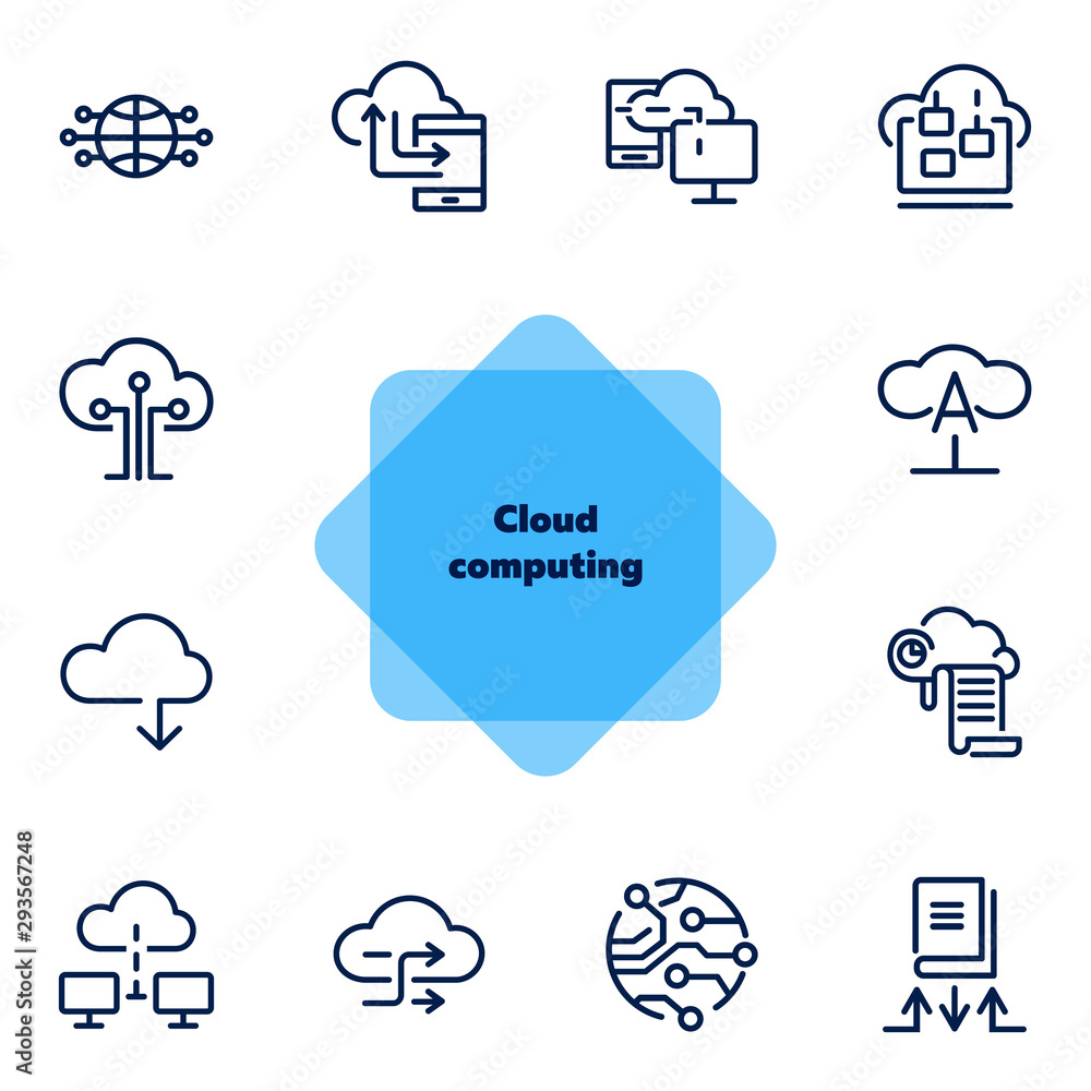 Poster cloud computing line icon set. set of line icons on white background. programming concept. system, s