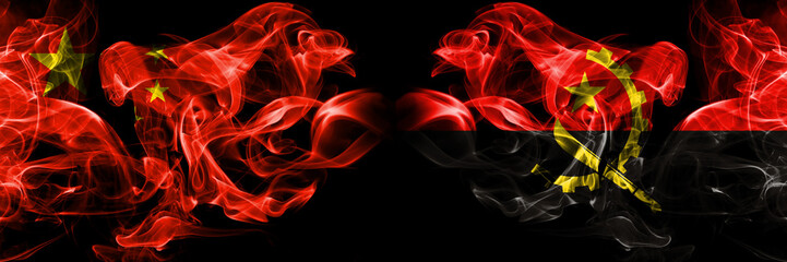 China vs Angola, Angolan smoke flags placed side by side. Thick colored silky smoke flags of...
