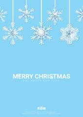Merry Christmas background with snowflakes on the blue background.