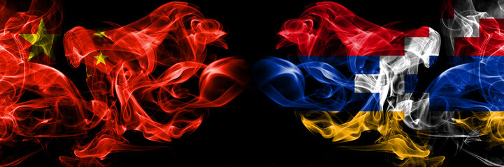 China vs Artsakh smoke flags placed side by side. Thick colored silky smoke flags of Chinese and Artsakh