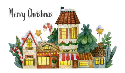 Сhristmas house, watercolor illustration of a cute house. Watercolor illustration of a cute house and New Year's decor, isolated drawings by hand of Сhristmas decorations.