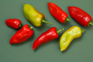 Fresh red and green bell peppers on green background.