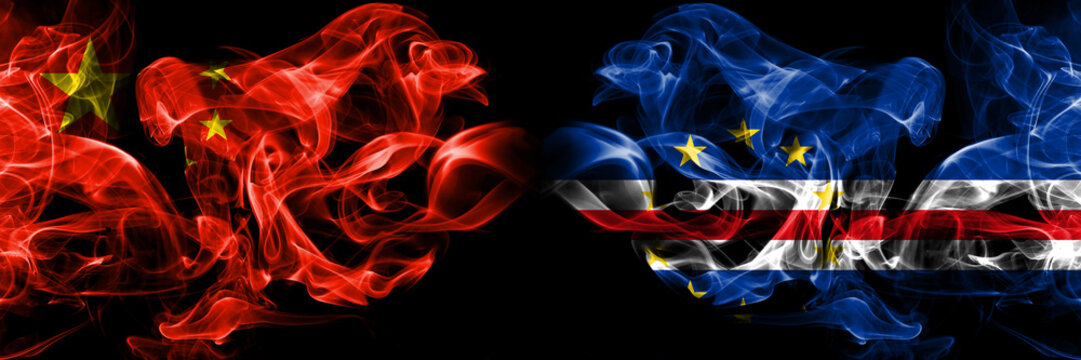 China vs Cape Verde smoke flags placed side by side. Thick colored silky smoke flags of Chinese and Cape Verde
