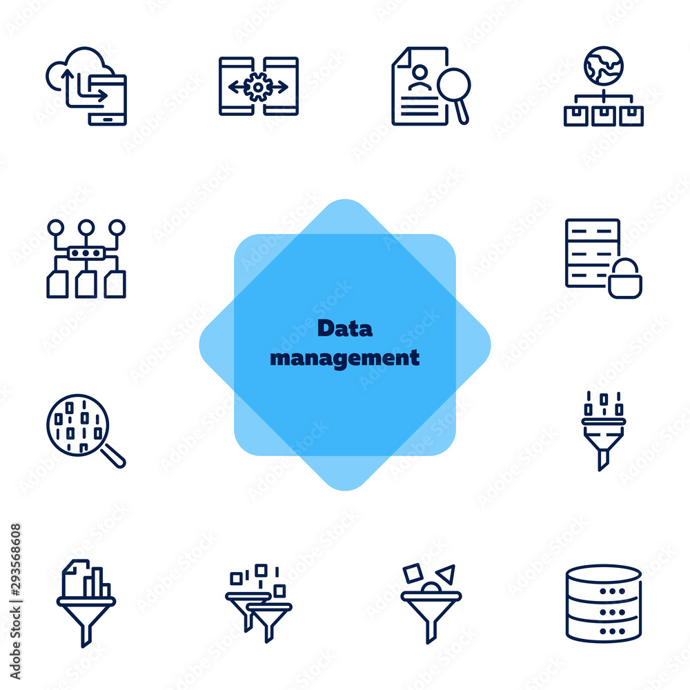 Poster data management line icon set. binary code, structure, storage, filter. information technology conce