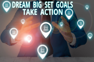 Conceptual hand writing showing Dream Big Set Goals Take Action. Concept meaning Motivation to follow your dreams Inspiration Male wear formal suit presenting presentation smart device