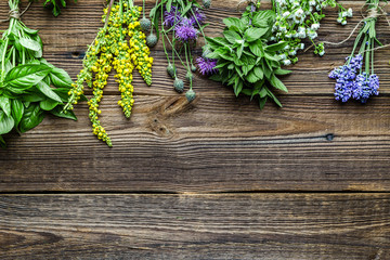 Bunch of garden fresh herbs on wooden background, top view