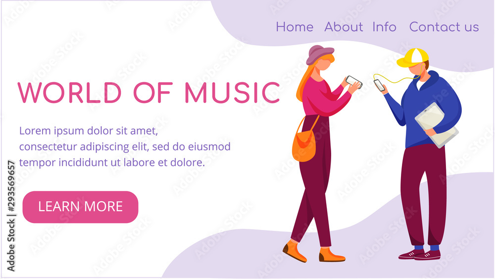 Poster world of music landing page vector template. internet communication website interface idea with flat