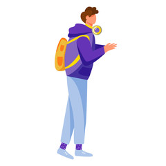 Young man flat vector illustration. Adolescent music lover boy. Millennial. Standing teenager with backpack and headphones dressed in hoodi isolated cartoon character on white background