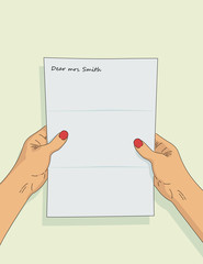 Woman reading a paper mail letter. Female hadns holding A4 blank. Mockup of empty folded letter paper. First-person view vector illustration