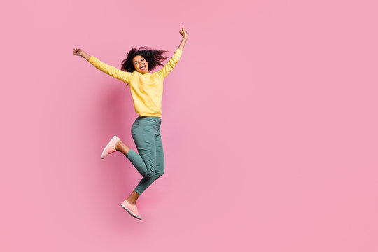 Autumn Season Best Offer Shopping Concept. Full Body Photo Of Expressing Delight Pretty Beautiful Attractive Cheerful Good Optimistic Feeling Freedom Hipster Girl Jumping Up Isolated Background