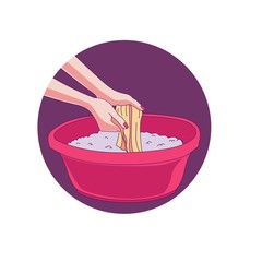  Hands washing clothes with detergent in basin. Vector illustration.
