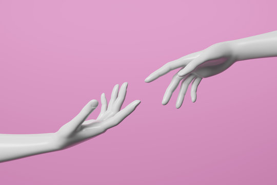 Black and white mannequin hand on pink background. 3D render image.