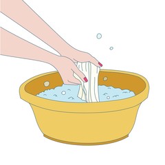 Naklejka premium Hands washing clothes with detergent in basin. Vector illustration.