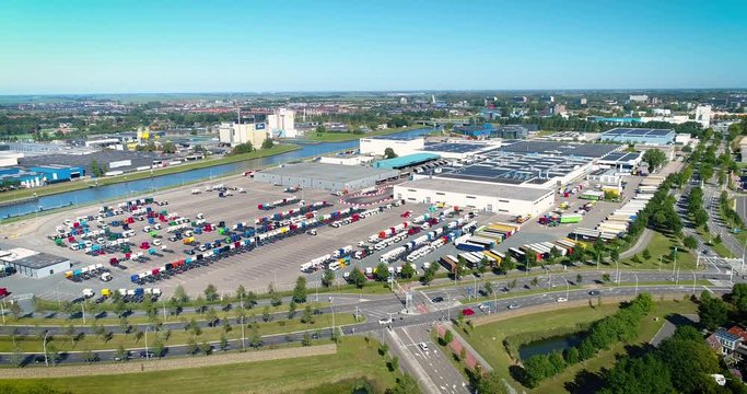 Colorful Dutch Truck Storage Industrial Factory in Zwolle, The Netherlands, 4K Drone Footage