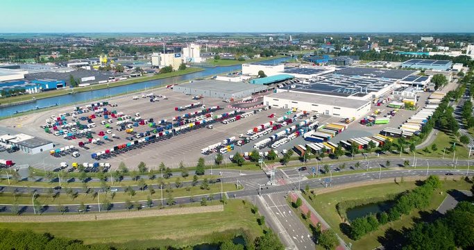 Colorful Dutch Truck Storage Industrial Factory in Zwolle, The Netherlands, 4K Drone Footage