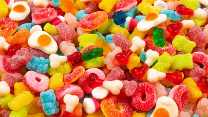 Assorted gummy candies. Top view. Jelly  sweets.