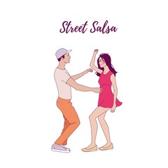 Salsa in the city. Street dancing. Beautiful couple dancing. Vector illustration cartoon style. Dance studio logo.