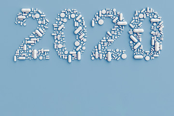A lot of pills scattered on a blue background in the form of figures 2020. 3D illustration
