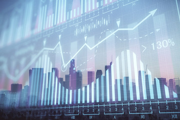 Forex chart on cityscape with skyscrapers wallpaper double exposure. Financial research concept.