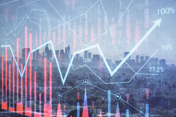 Forex chart on cityscape with skyscrapers wallpaper multi exposure. Financial research concept.