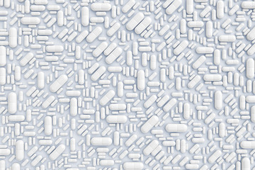 A pattern of many pills scattered on a colored background evenly at different angles. 3D illustration