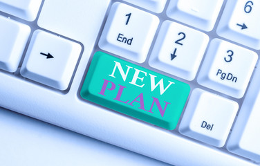 Text sign showing New Plan. Business photo showcasing Start of a detailed proposal of doing or...