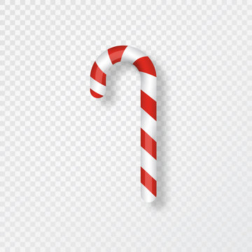 Candy cane isolated on transparent background. Realistic red and white xmas candy cane. Merry Christmas design element for greeting cards, poster, banner, invitation. Vector illustration