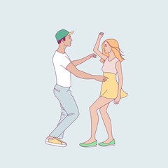 Salsa in the city. Street dancing. Beautiful couple dancing. Vector illustration cartoon style. Dance studio logo.