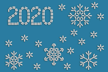 A lot of pills scattered on a blue background in the form of snowflakes and numbers 2020. 3D illustration