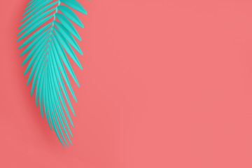 Fototapeta na wymiar Abstract pastel pink and blue modern colored background of an empty space hanging from the side of a fluffy palm leaf . 3D illustration.3D render