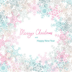 Isolated on white vector Christmas and New Year greting card template with geometrical snowflakes in grey, blue and pink colors and lettering